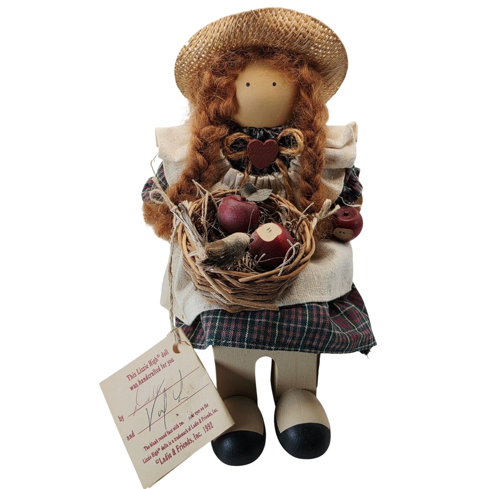 Lizzie High 10in Dora Valentine Wooden Folk Artist Doll Bench Basket Tag 1992